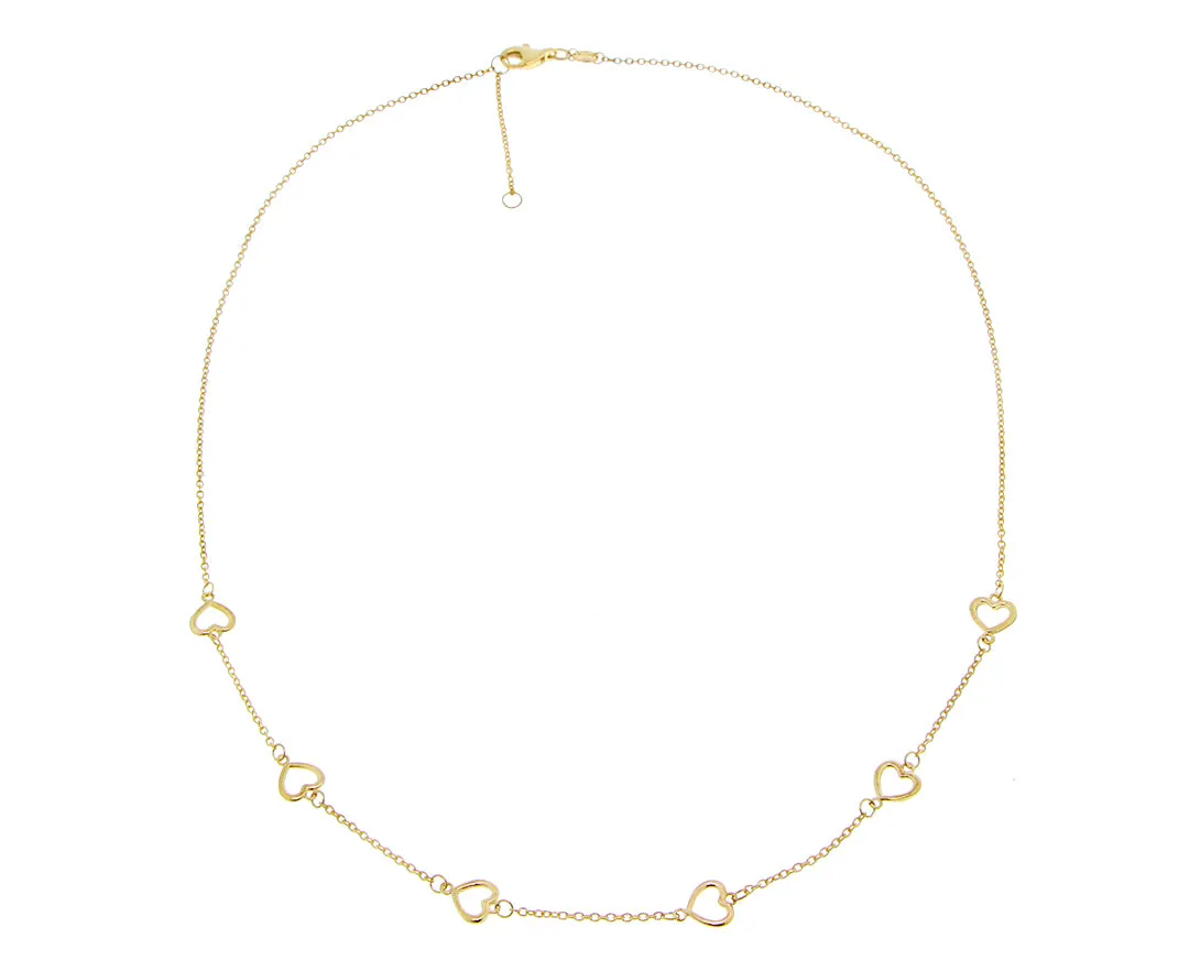 Yellow gold necklace with tiny open heart charms