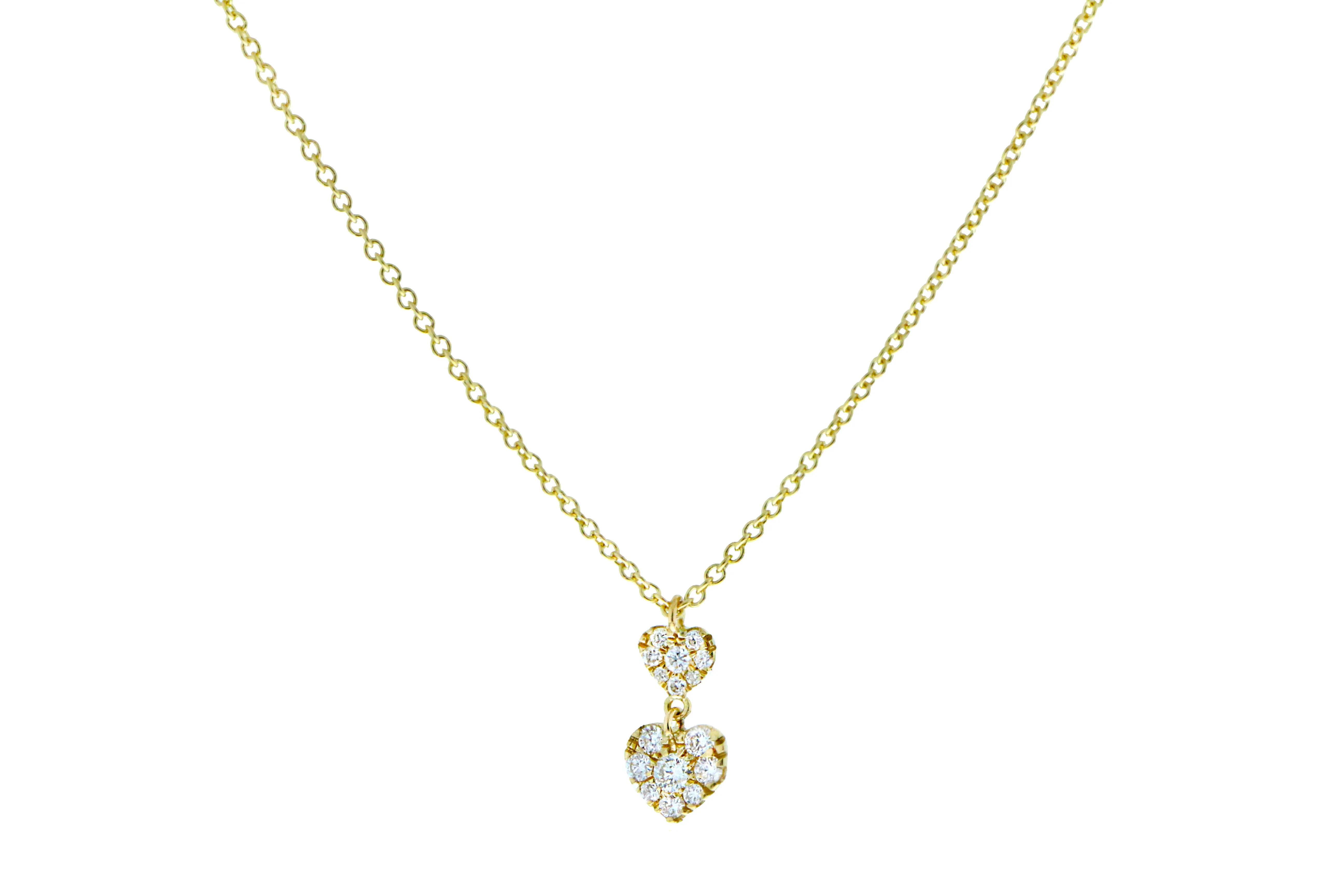 Yellow gold necklace with two diamond heart pendants