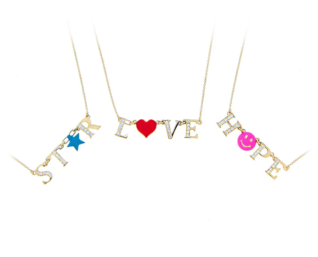 Yellow gold necklaces with diamonds and enamel charms