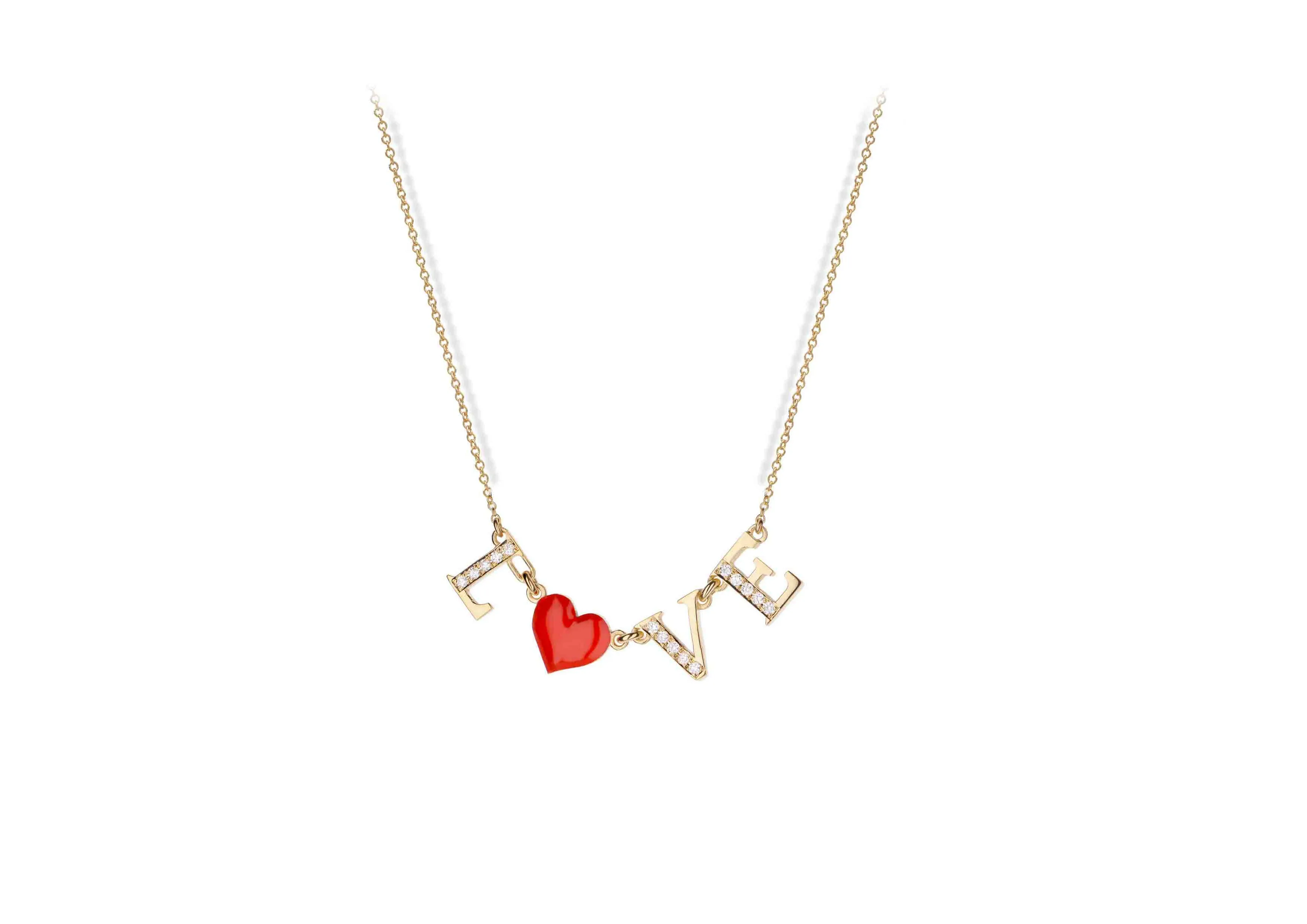 Yellow gold necklaces with diamonds and enamel charms
