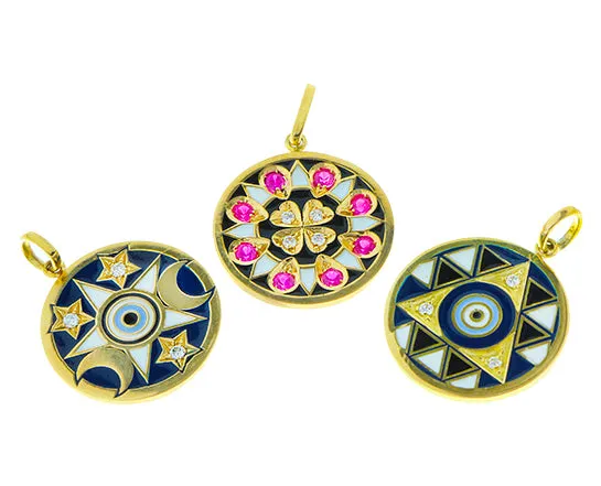 Yellow gold pendants with diamond, rubies and enamel