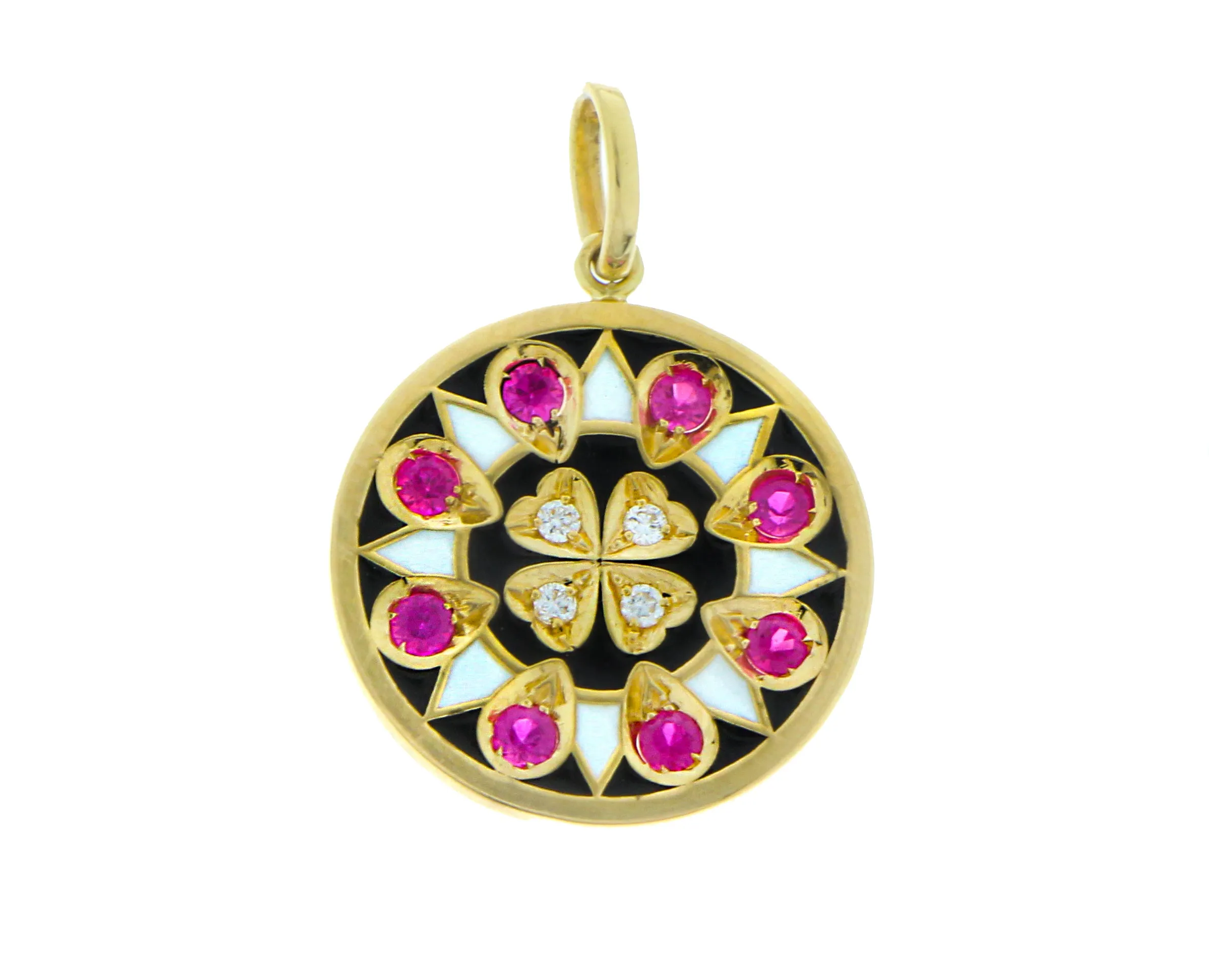 Yellow gold pendants with diamond, rubies and enamel