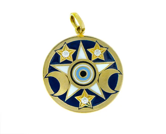 Yellow gold pendants with diamond, rubies and enamel