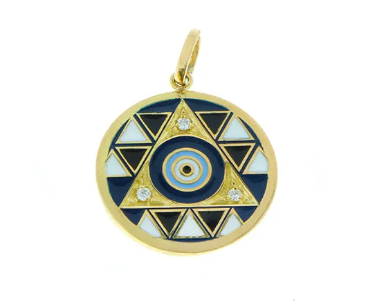 Yellow gold pendants with diamond, rubies and enamel
