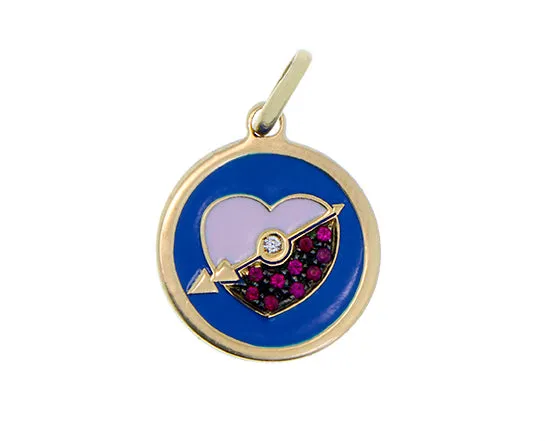 Yellow gold pendants with diamond, rubies and enamel