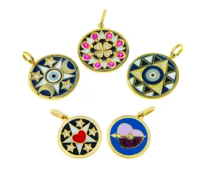Yellow gold pendants with diamond, rubies and enamel