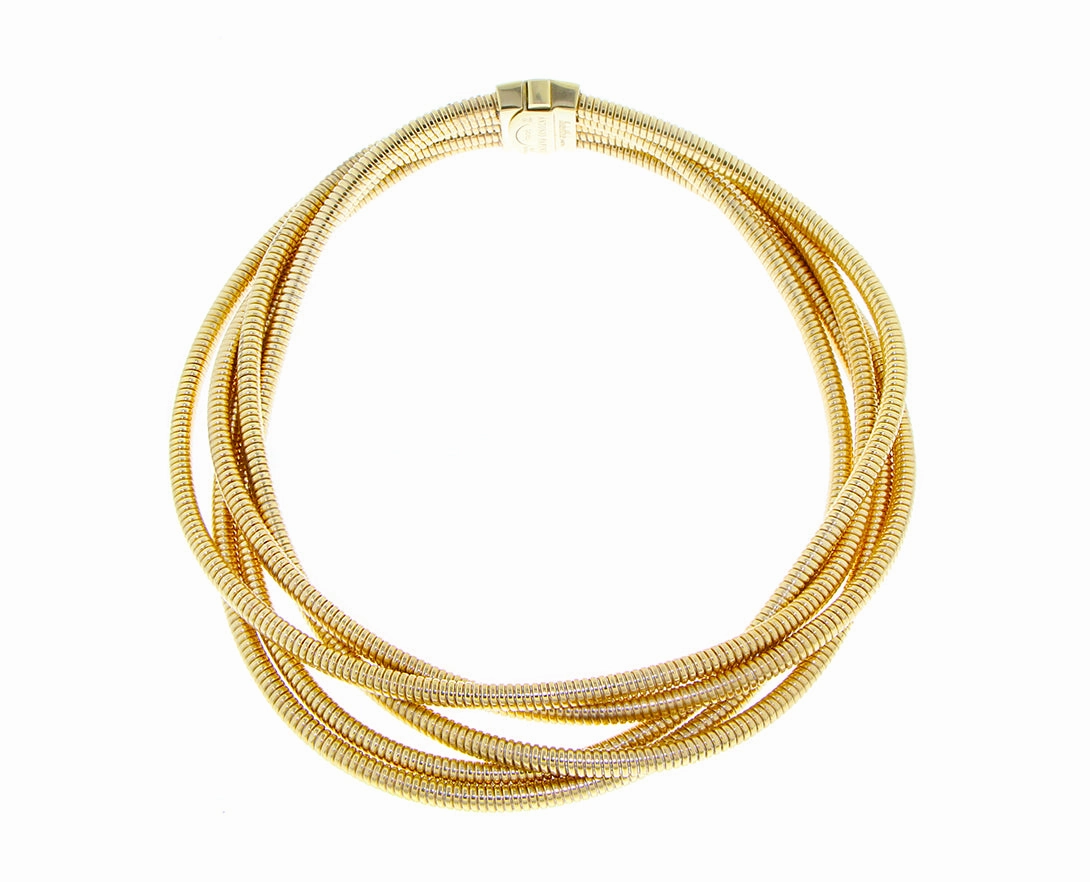 Yellow gold 5 row tubo necklace