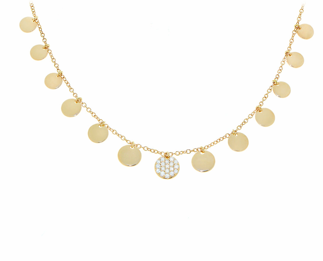 Yellow gold and diamond coin necklace