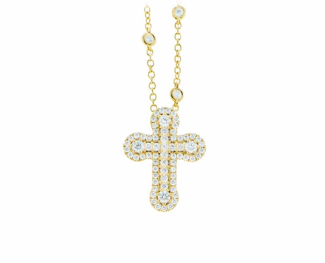 Yellow gold and diamond necklace with a diamond cross pendant