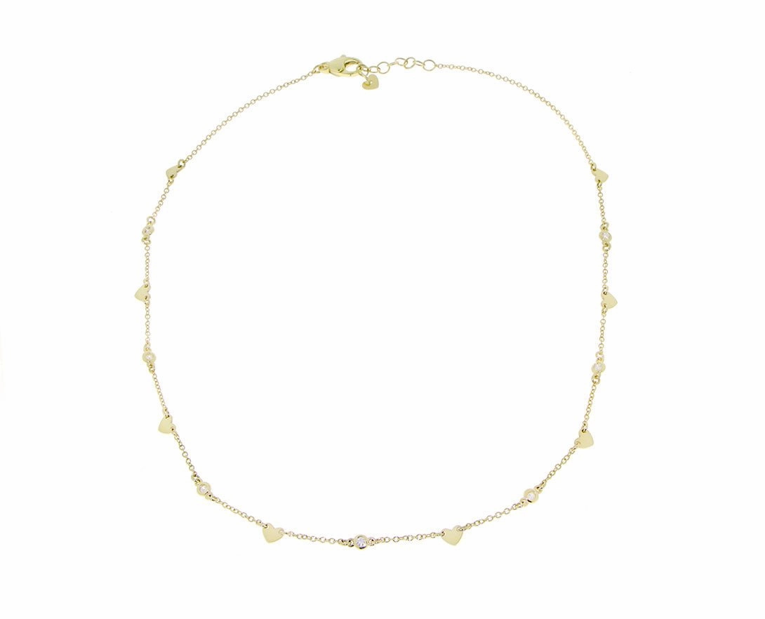 Yellow gold and diamond necklace with heart charms