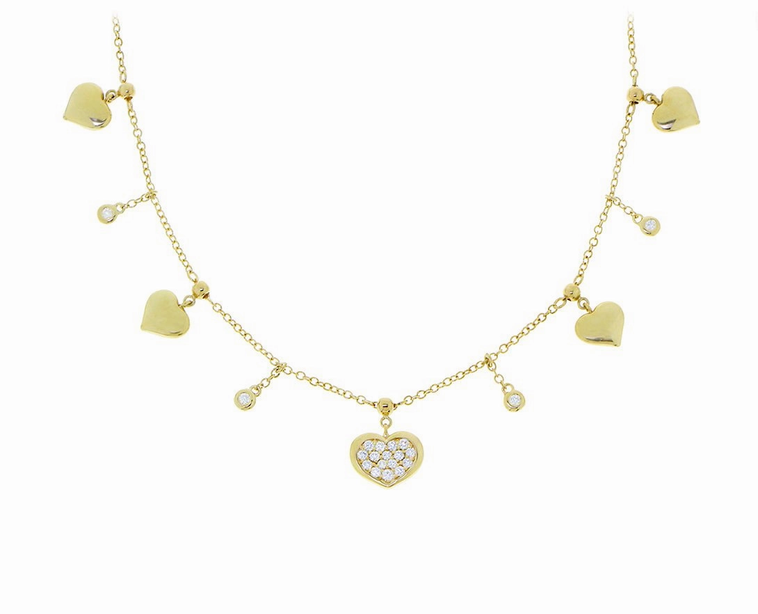 Yellow gold and diamond necklace with heart charms