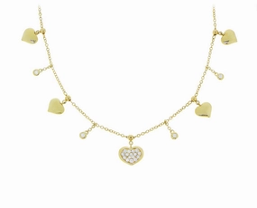 Yellow gold and diamond necklace with heart charms