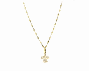 Yellow gold ball necklace with a diamond angel pendant