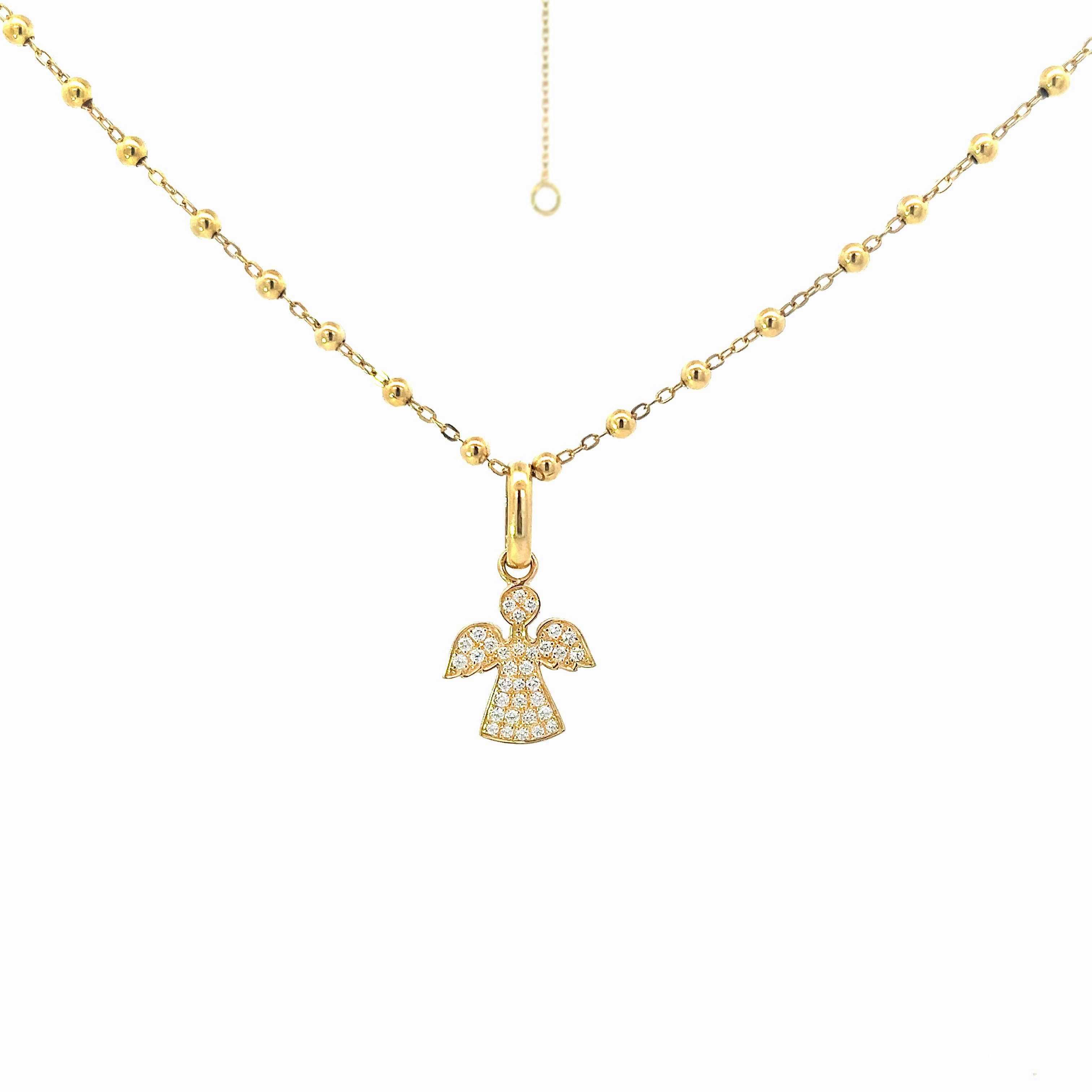 Yellow gold ball necklace with a diamond angel pendant