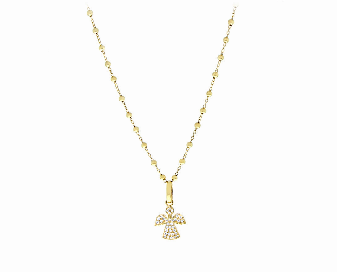 Yellow gold ball necklace with a diamond angel pendant