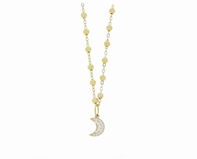 Yellow gold ball necklace with a diamond moon pendant