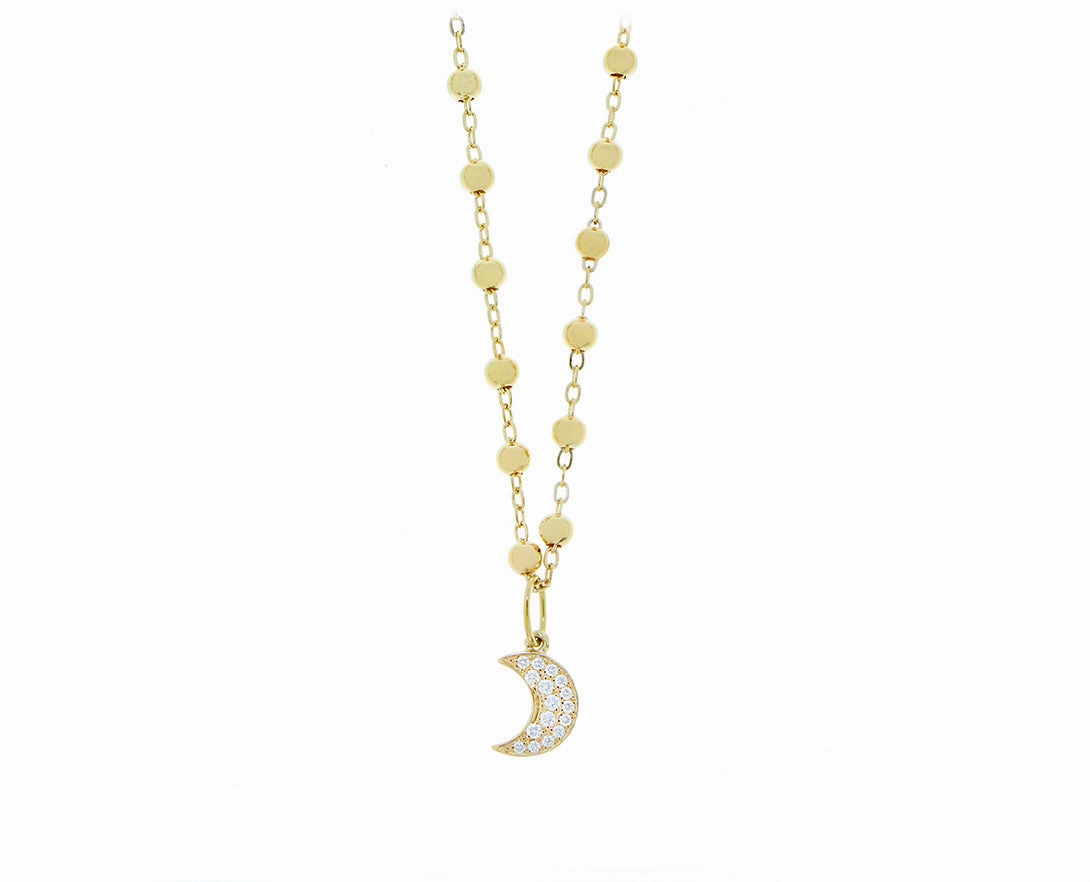 Yellow gold ball necklace with a diamond moon pendant