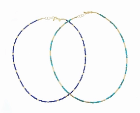 Yellow gold bead necklace with lapis lazuli or turquois and diamonds