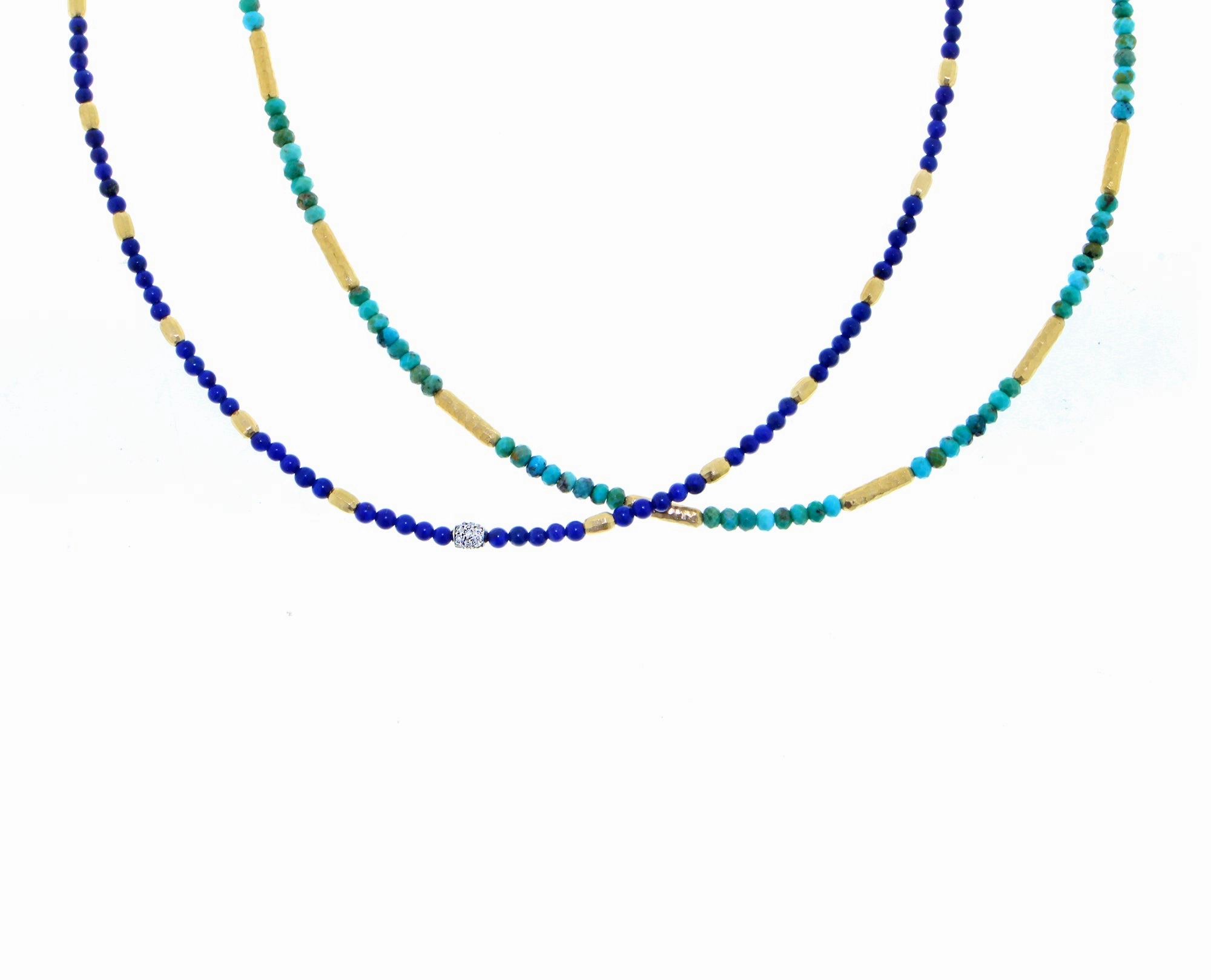 Yellow gold bead necklace with lapis lazuli or turquois and diamonds