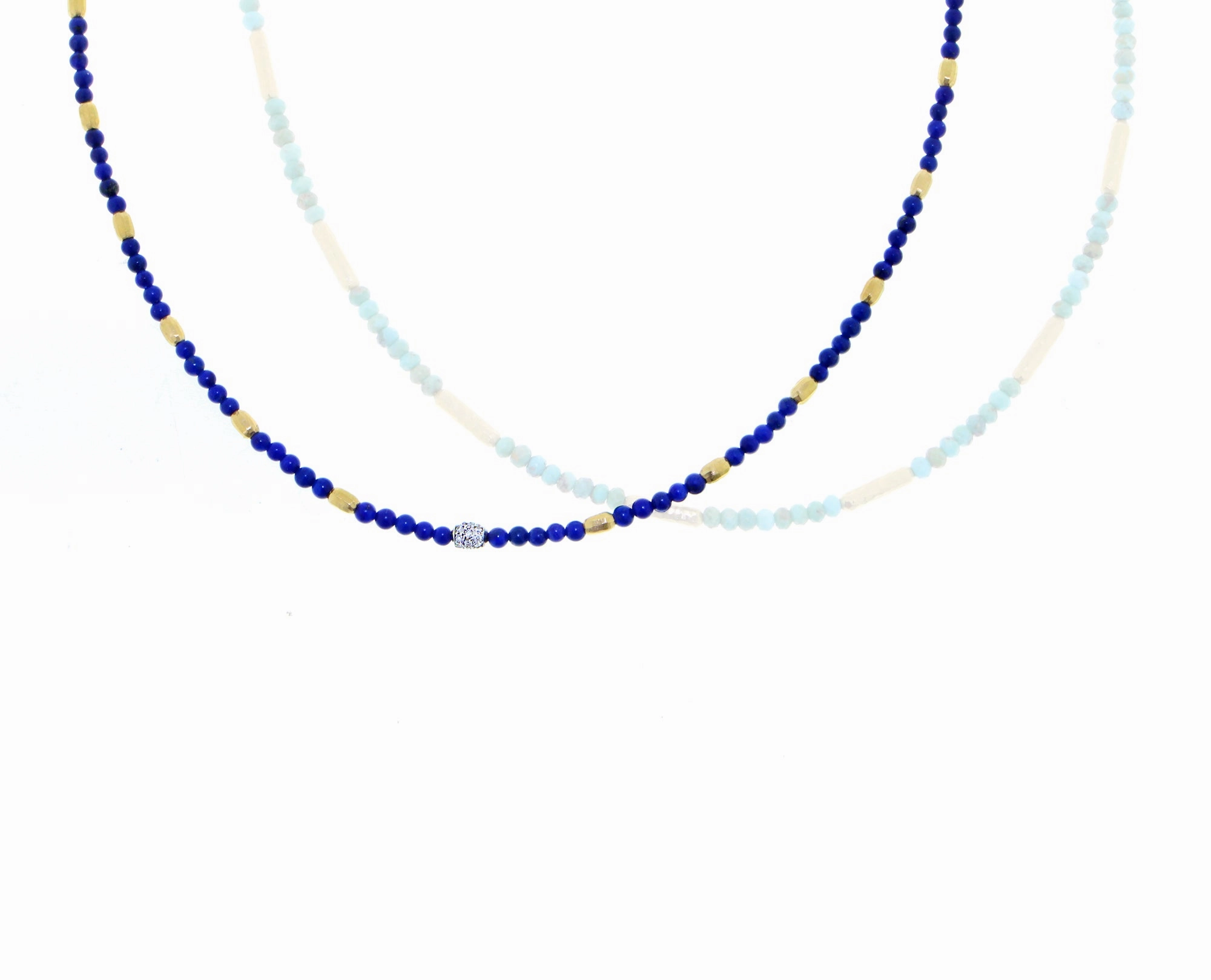 Yellow gold bead necklace with lapis lazuli or turquois and diamonds