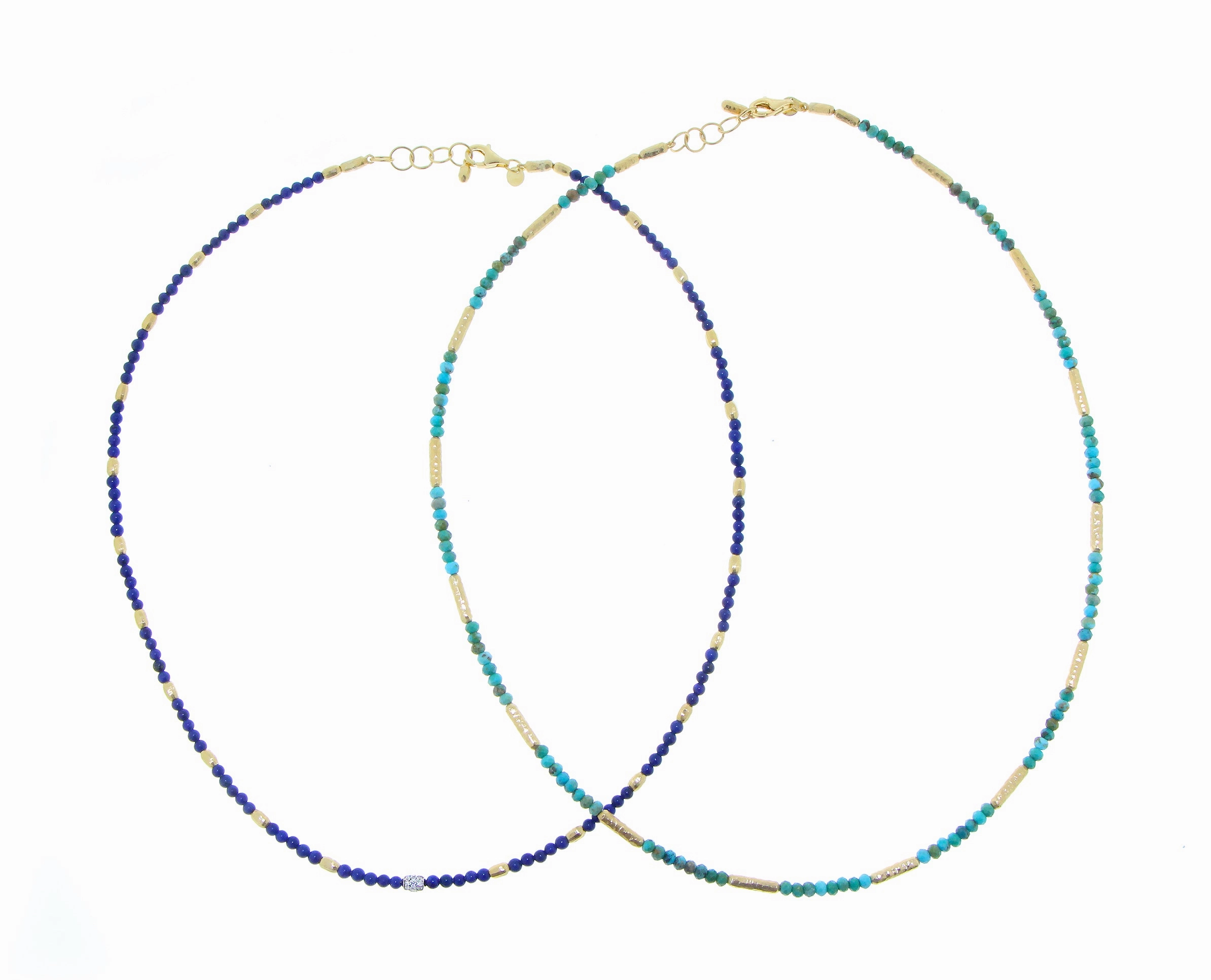 Yellow gold bead necklace with lapis lazuli or turquois and diamonds
