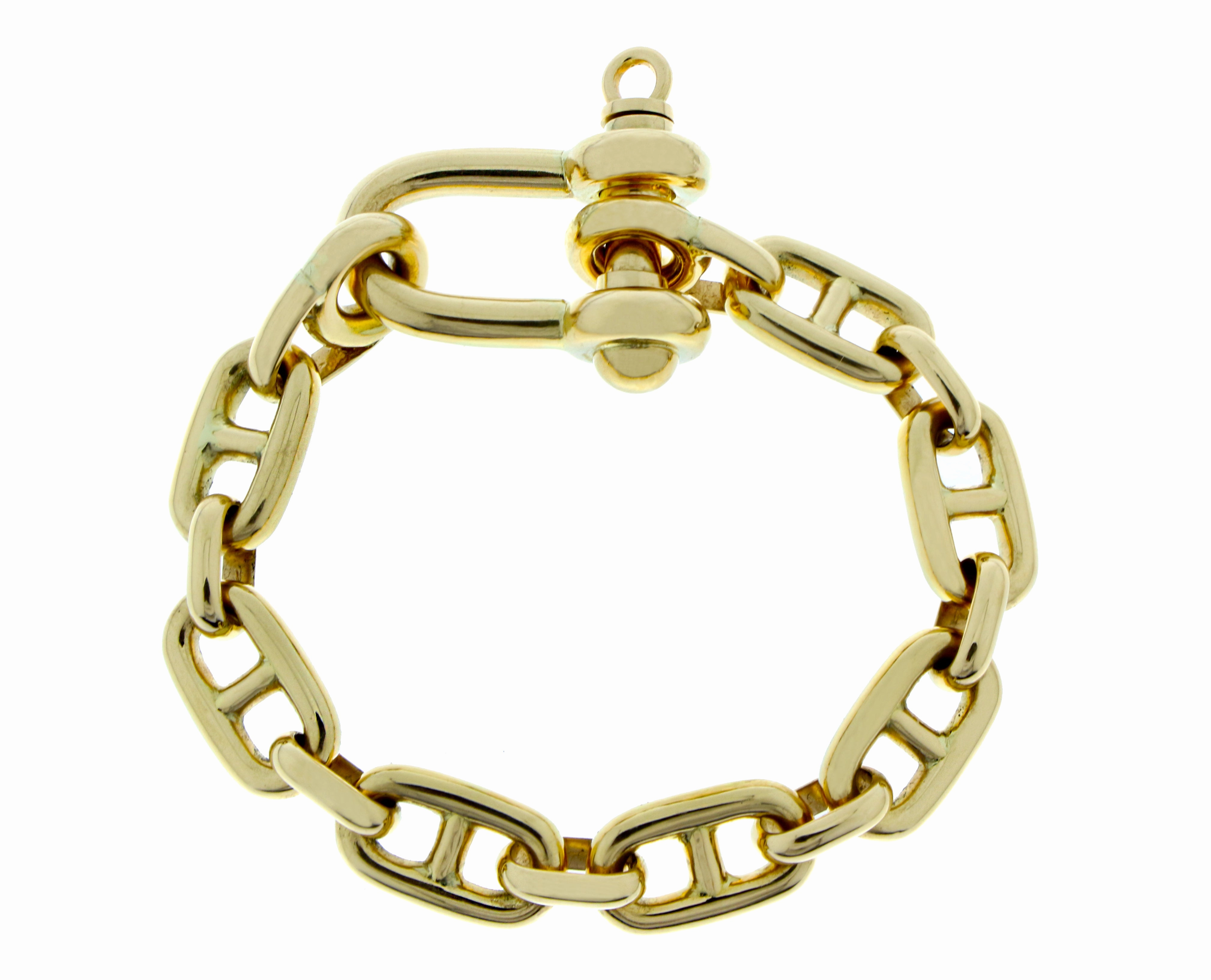 Yellow gold marina link bracelet with a harp closure
