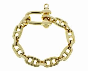 Yellow gold marina link bracelet with a harp closure